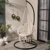OHS Macrame Hanging Chair Outdoor Swing Garden Hammock Rope Tassels in Cream