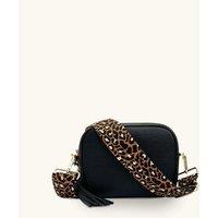 Apatchy London Women's Black Leather Crossbody Bag With Tan Cheetah Strap