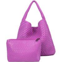 PEACH ACCESSORIES Women's Chic Weave Tote Handbag with Matching Clutch in Purple