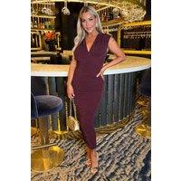 Plum Sparkle Wrap Top Ruched Skirt Midi Dress