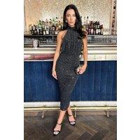 AX Paris Women's Black Metallic Sparkle Halter Neck Ruched Midi Dress | Size: 10