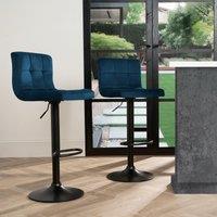 OHS Adjustable Bar Stools x 2 Velvet Swivel Pub Seat Kitchen Breakfast Counter Chair in Dark Navy