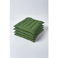 Homescapes 4 Pack Seat Pads Luxury 100% Cotton Indoor Outdoor Garden Cushion, 40cm in Dark Olive | Size: 40 cm x 40 cm