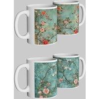 Simply Stunning Mugs Teal Blossom Chinoiserie Mug Set - Elegant Floral & Bird Design - Perfect Gift in White