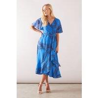 Wallis Women's Petite Geo Ruffle Wrap Belted Chiffon Midi Dress in Cornflower | Size: 12