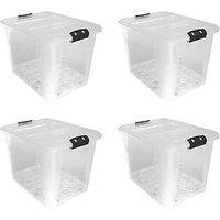 JVL Plastic Secure Clip Lidded Storage Box with Wheels, Set of 4, 60L in Clear