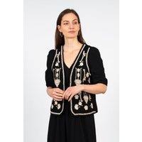 Sarta Women's Embroidered Floral Lightweight Cotton Waistcoat in Black | Size: Medium
