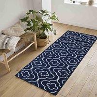 Desire Rugs Anti-Slip Quatrefoil Design Doormat - Machine Washable for Easy Care in Navy | Size: 80 cm x 300 cm