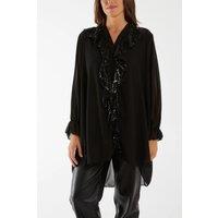 HOXTON GAL Women's Relaxed Fit Long Sleeves Frilled Front Sequin Detail Tunic Top in Black