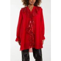 HOXTON GAL Women's Relaxed Fit Long Sleeves Frilled Front Sequin Detail Tunic Top in Red