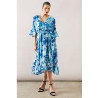 Wallis Women's Floral Drop Hem Frill Midi Dress in Blue | Size: 14