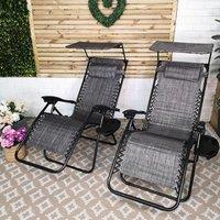 Samuel Alexander Pack of 2 Multi-Position Garden Gravity Relaxer Chair Sun Loungers with Sun Canopy in Grey