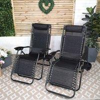 Samuel Alexander Set of 2 Multi Position Garden Gravity Relaxer Chair Sun Lounger with Sun Canopy in Black