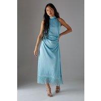 Warehouse Women's Petite Crinkle Satin Halter Fringe Midi Dress in Blue | Size: 8