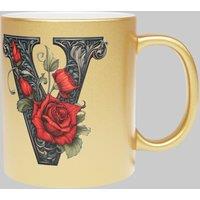 Simply Stunning Mugs Personalised Handcrafted Gothic Letter V & Name Metallic Gold Mug