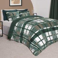 OHS Teddy Fleece Duvet Cover Set Pillowcase Bedding Check in Dark Green | Size: King