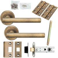 Loops Door Handle & Latch Pack Antique Brass Round T Bar Lever Screwless Round Rose in Metallics