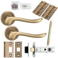 Loops Door Handle & Latch Pack Antique Brass Scroll Lever Screwless Round Rose in Metallics