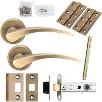Loops Door Handle & Latch Pack Antique Brass Slim Arched Lever Screwless Round Rose in Metallics