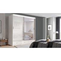 RAC3 High Gloss LED Mirror Sliding Wardrobe with Drawers - 205 x 216cm in White | Size: 205 x 216 cm