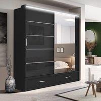 RAC3 High Gloss LED Mirror Sliding Wardrobe with Drawers - 205 x 216cm in Black | Size: 205 x 216 cm