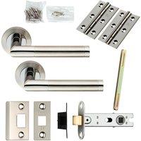 Loops Door Handle & Latch Pack Polished & Satin Steel Mitred Lever Screwless Rose in Metallics