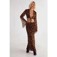 NastyGal Women's Ditsy Crinkle Chiffon Bias Maxi Skirt Co-ord in Chocolate | Size: 10
