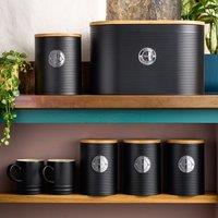Cooks Professional 5pc Ribbed Tea Coffee Sugar Bread & Biscuit Bin Jars with Silver Label in Black
