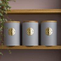 Cooks Professional 3pc Ribbed Tea Coffee & Sugar Storage Canisters with Gold Label in Grey