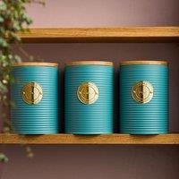Cooks Professional 3pc Ribbed Tea Coffee & Sugar Storage Canisters with Gold Label in Teal