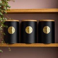 Cooks Professional 3pc Ribbed Tea Coffee & Sugar Storage Canisters with Gold Label in Black