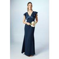 Coast Women's Honoured V Neck Angel Short Sleeve Satin Maxi Bridesmaid Dress in Navy | Size: 18
