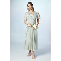 Coast Women's Spring Floral Embroidered Mesh Bridesmaid Midi Dress in Sage | Size: 10