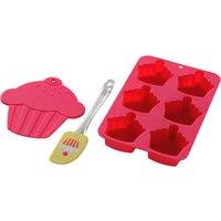 Orsina Cupcake Baking Set, 6 Silicone Moulds, Trivet & Yellow Spatula, Non-Stick Baking Set with Moulds, & Sheet in Pink