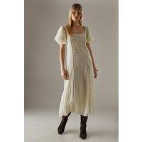 Dobby Chiffon Button Bodice Godet Seam Midi Tea Dress