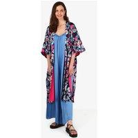 Sarta Women's Lined Silky Mid Length Kimono Jacket in Navy Blue, Floral in Blue