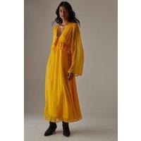 Dobby Chiffon Plunge Neck Ruffle Midi Smock Dress
