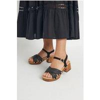 Yours Women's Cross Over Platform Wooden Clog Sandals in Black | Size: 7E