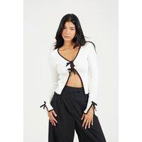 Brave Soul Women's Ribbed Knitted Cardigan with Bow Fastening in Cream | Size: XS
