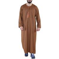 Arabic Thobes Men's Thobe Jubba Saudi Islamic Arab Eid Emirati Kaftan Jubbah Tassel Robe in Camel | Size: XL