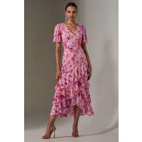 Jolie Moi Women's Mesh Print Frill Hem Midaxi Dress in Pink | Size: 12
