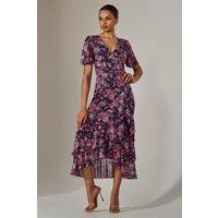 Jolie Moi Women's Mesh Print Frill Hem Midaxi Dress in Purple | Size: 14