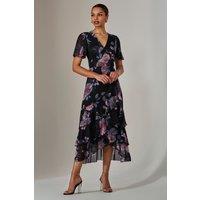 Jolie Moi Women's Mesh Print Frill Hem Midaxi Dress in Black | Size: 12