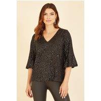 Yumi Women's Black Sequin Top With Fluted Sleeve | Size: 18