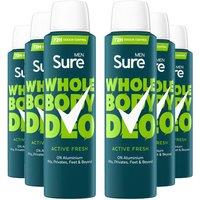 Sure Men's Whole Body 'Deodorant Spray' Active Fresh w/ 72H Odour free 150ml, 6pk in White