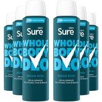 Sure Men's Whole Body 'Deodorant Spray' Ocean Rush w/ 72H Odour Control 150ml, 6pk in White