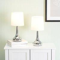 ValueLights Teardrop Pair Compact Fabric Shades Brushed Chrome Touch Table Lamps in Cream