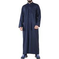 Arabic Thobes Men's Thobe Jubba Saudi Islamic Arabic Eid Cotton Kaftan Jubbah Umrah Robe in Navy | Size: 2XL