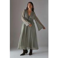 Warehouse Women's Petite Dobby Chiffon Plunge Neck Ruffle Midi Smock Dress in Khaki | Size: 12