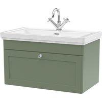 Balterley Bathroom Wall Hung 1-Drawer Vanity Unit & Fireclay Basin, Green, 800mm in Green
